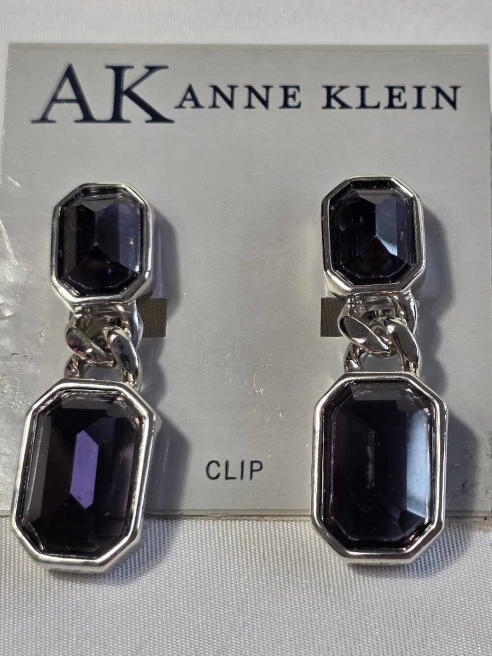 Vintage Anne Klein Silver-Tone Clip-On Drop Earrings Faceted Purple Stones